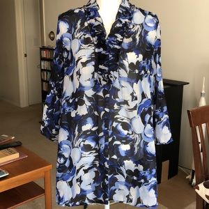 Blue Floral Shirt Pleated Blouse Ruffled Tunic Top